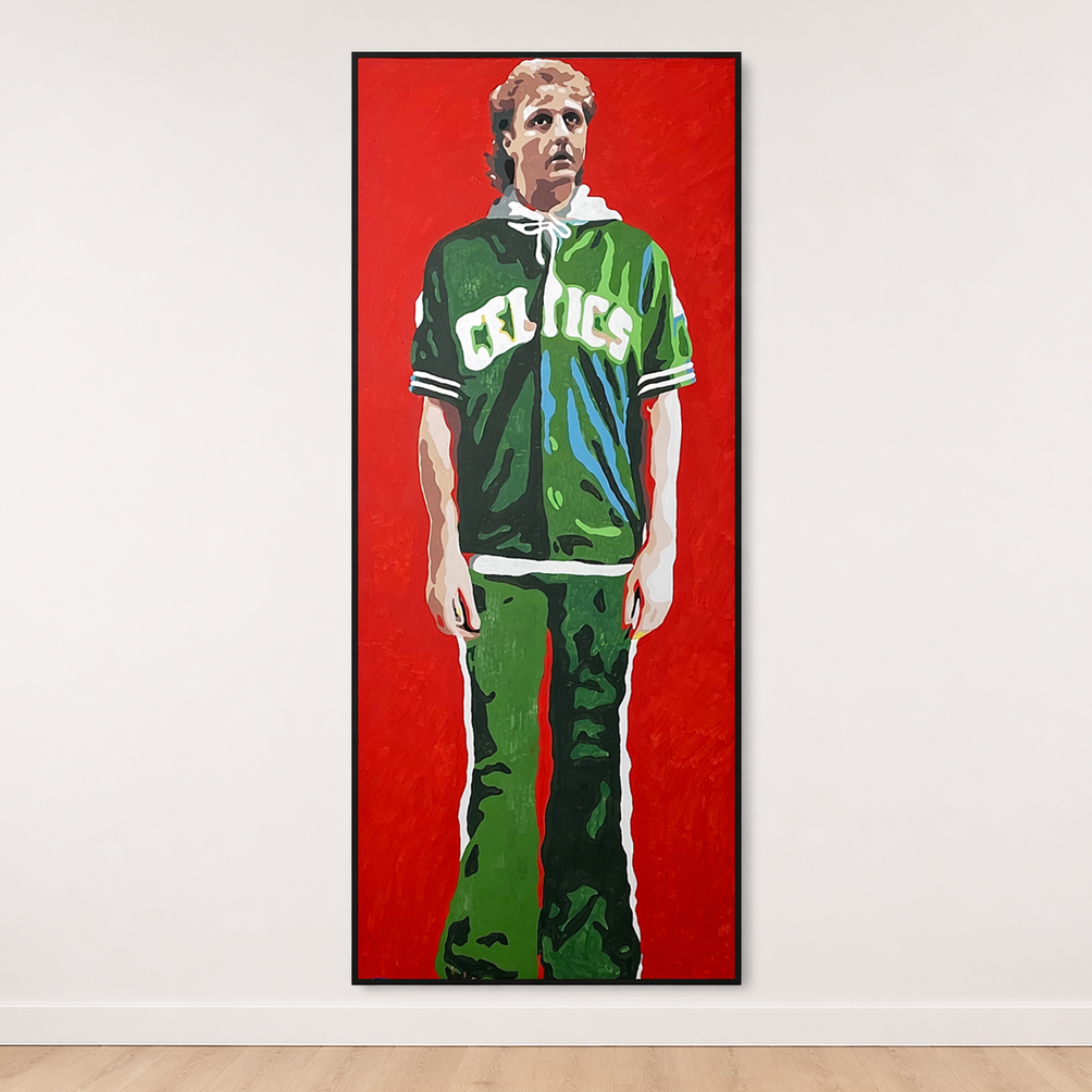 Larry Bird life-size portrait painting by King Overman, acrylic on canvas, 6ft 9" tall