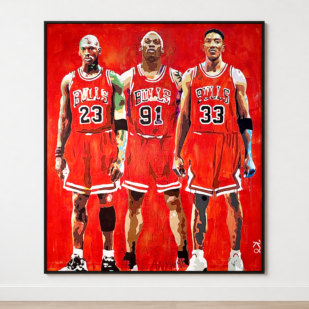 Chicago Bulls life-size portrait painting by King Overman, with Jordan, Rodman and Pippen, acrylic on canvas