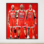Chicago Bulls life-size portrait painting by King Overman, with Jordan, Rodman and Pippen, acrylic on canvas