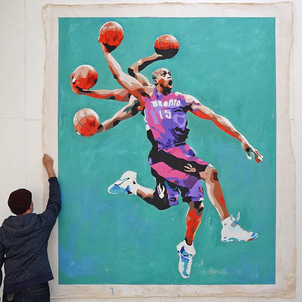 Vince Carter life-size portrait painting by King Overman, acrylic on canvas