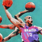 Detail of Vince Carter life-size portrait painting by King Overman, acrylic on canvas