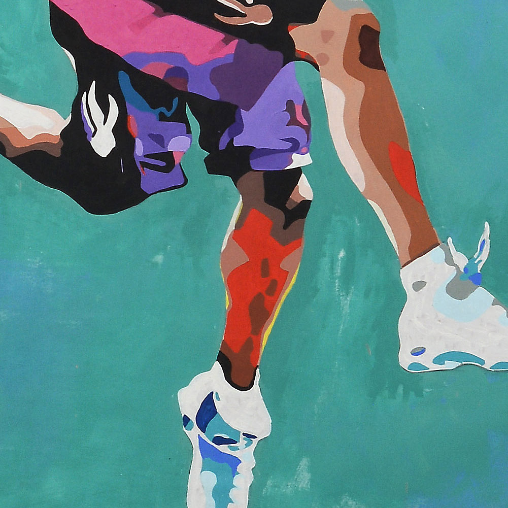 Detail of Vince Carter life-size portrait painting by King Overman, acrylic on canvas