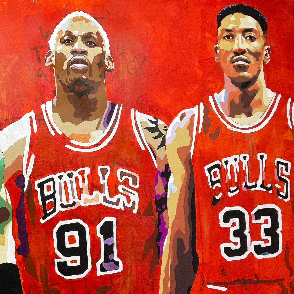 detail of Chicago Bulls life-size portrait painting by King Overman, acrylic on canvas