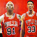 detail of Chicago Bulls life-size portrait painting by King Overman, acrylic on canvas