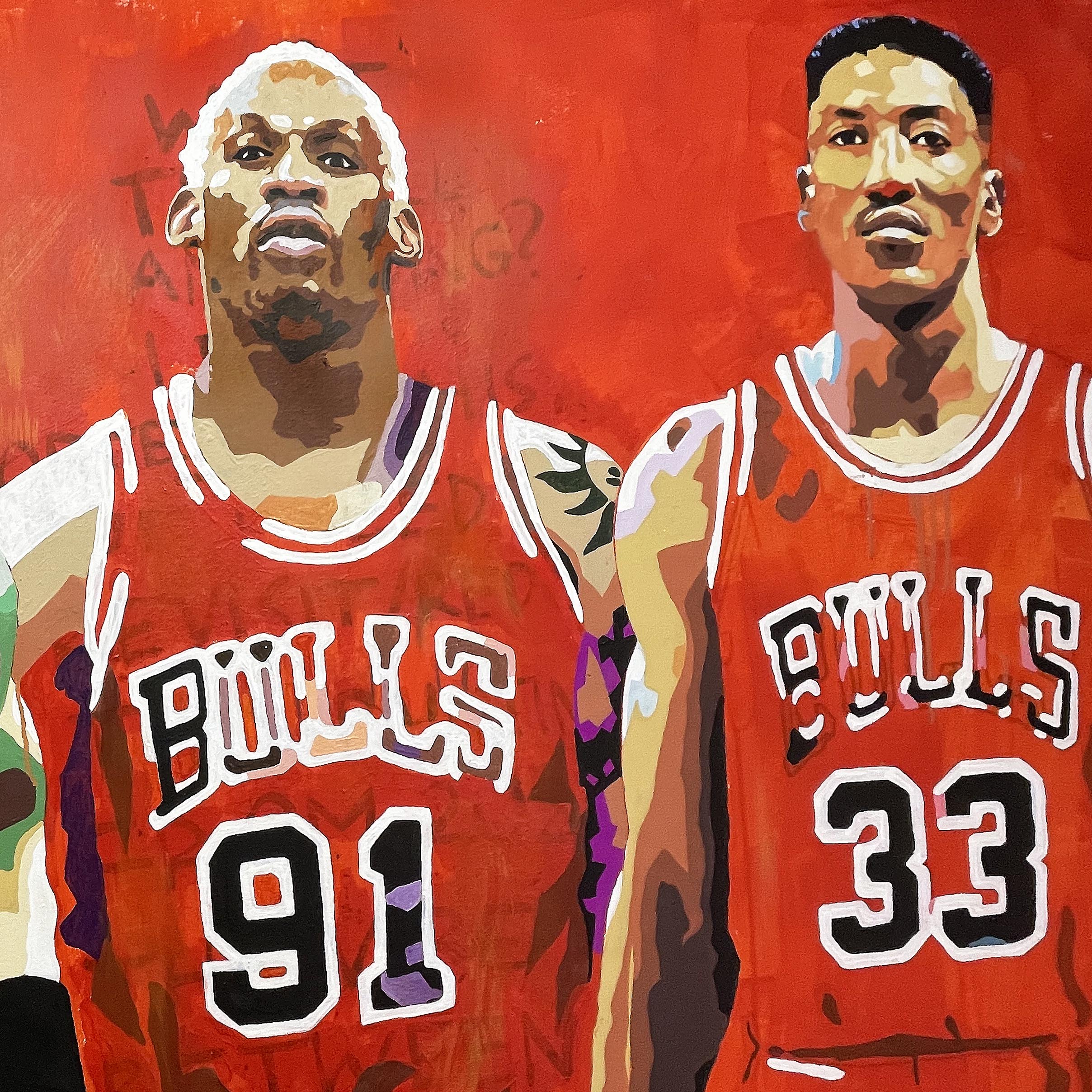 detail of Chicago Bulls life-size portrait painting by King Overman, acrylic on canvas
