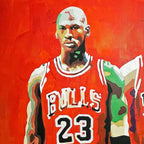 Detail of Chicago Bulls life-size portrait painting by King Overman, with Michael Jordan, acrylic on canvas