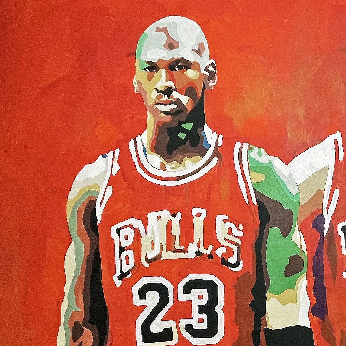 Detail of Chicago Bulls life-size portrait painting by King Overman, with Michael Jordan, acrylic on canvas
