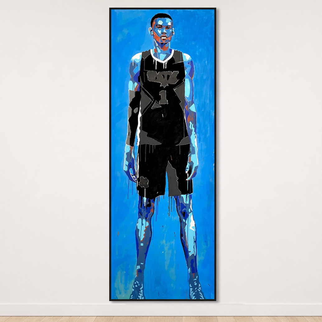 Victor Wembanyama / Wemby life-size portrait painting by King Overman, acrylic on canvas, 7ft 4" tall
