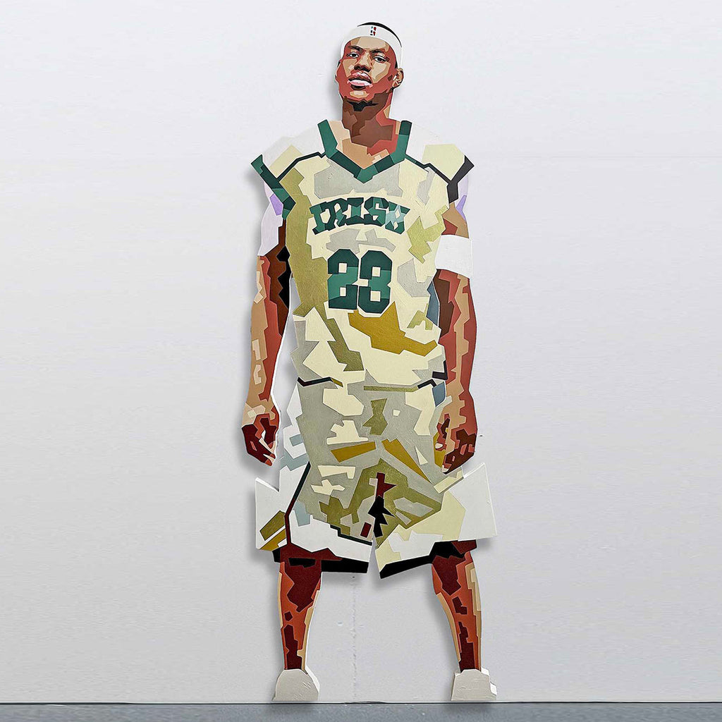 LeBron James life-size cut-out portrait painting by King Overman, acrylic and 24k gold leaf on board