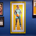 Magic Johnson life-size portrait painting by King Overman, on display at Brooklyn Museum, from personal collection of Spike Lee, acrylic on canvas, 6ft 9" tall