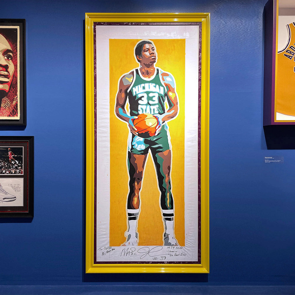 Magic Johnson life-size portrait painting by King Overman, on display at Brooklyn Museum, from personal collection of Spike Lee, acrylic on canvas, 6ft 9" tall