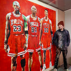 Chicago Bulls life-size portrait painting by King Overman, with Jordan, Rodman and Pippen, acrylic on canvas