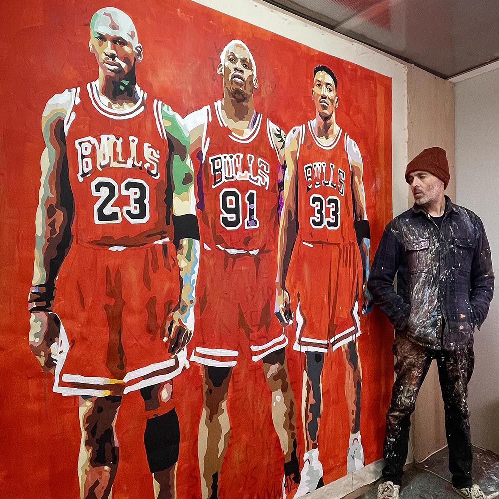 Chicago Bulls life-size portrait painting by King Overman, with Jordan, Rodman and Pippen, acrylic on canvas