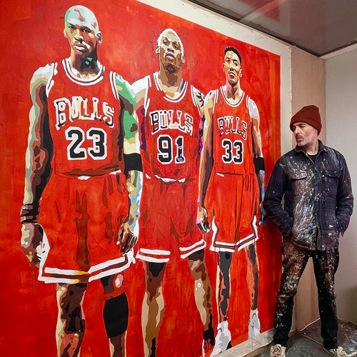 Chicago Bulls life-size portrait painting by King Overman, with Jordan, Rodman and Pippen, acrylic on canvas