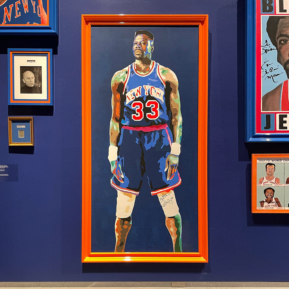 Patrick Ewing life-size portrait painting, by King Overman, on display at Brooklyn Museum, 7ft tall, acrylic on canvas.