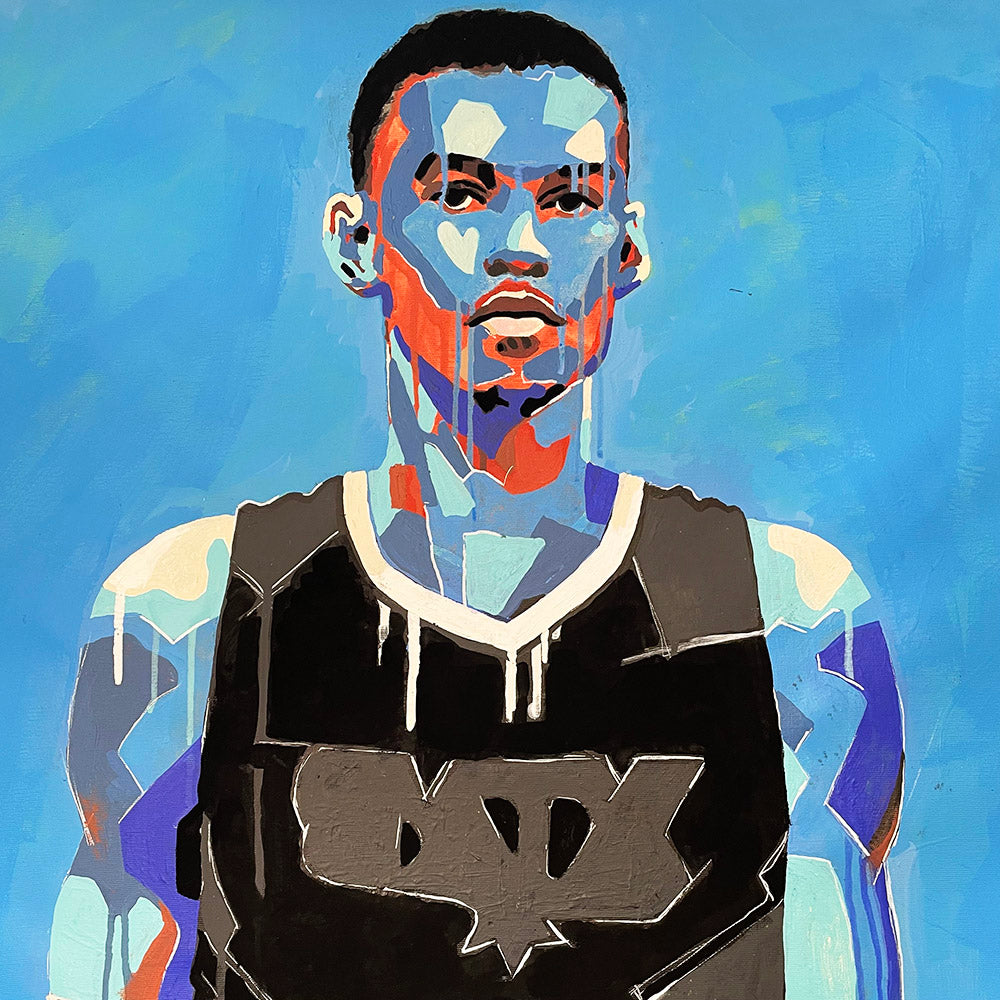close-up of Victor Wembanyama / Wemby life-size portrait painting by King Overman, acrylic on canvas, 7ft 4" tall