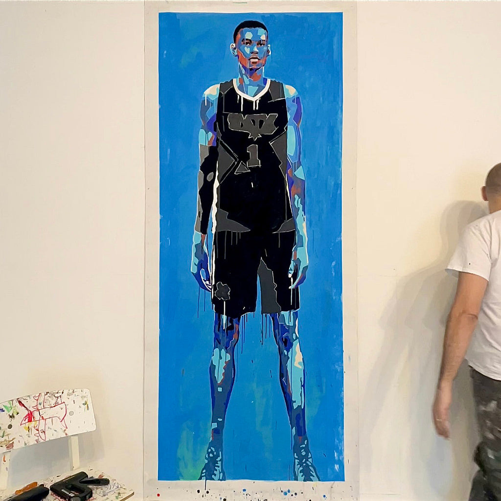 Victor Wembanyama / Wemby life-size portrait painting by King Overman, acrylic on canvas, 7ft 4" tall