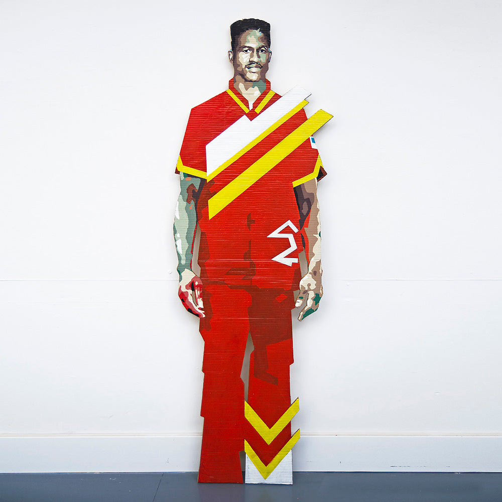 Dominique Wilkins life-size cut-out portrait painting by King Overman, acrylic on cardboard mounted onto board, 6ft 8" tall, from personal collection of Dominique Wilkins