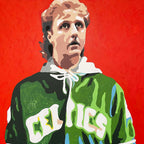 Detail of Larry Bird life-size portrait painting by King Overman, acrylic on canvas, 6ft 9" tall