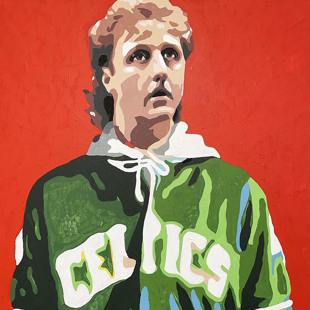 Detail of Larry Bird life-size portrait painting by King Overman, acrylic on canvas, 6ft 9" tall