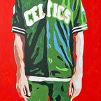 Detail of Larry Bird life-size portrait painting by King Overman, acrylic on canvas, 6ft 9" tall