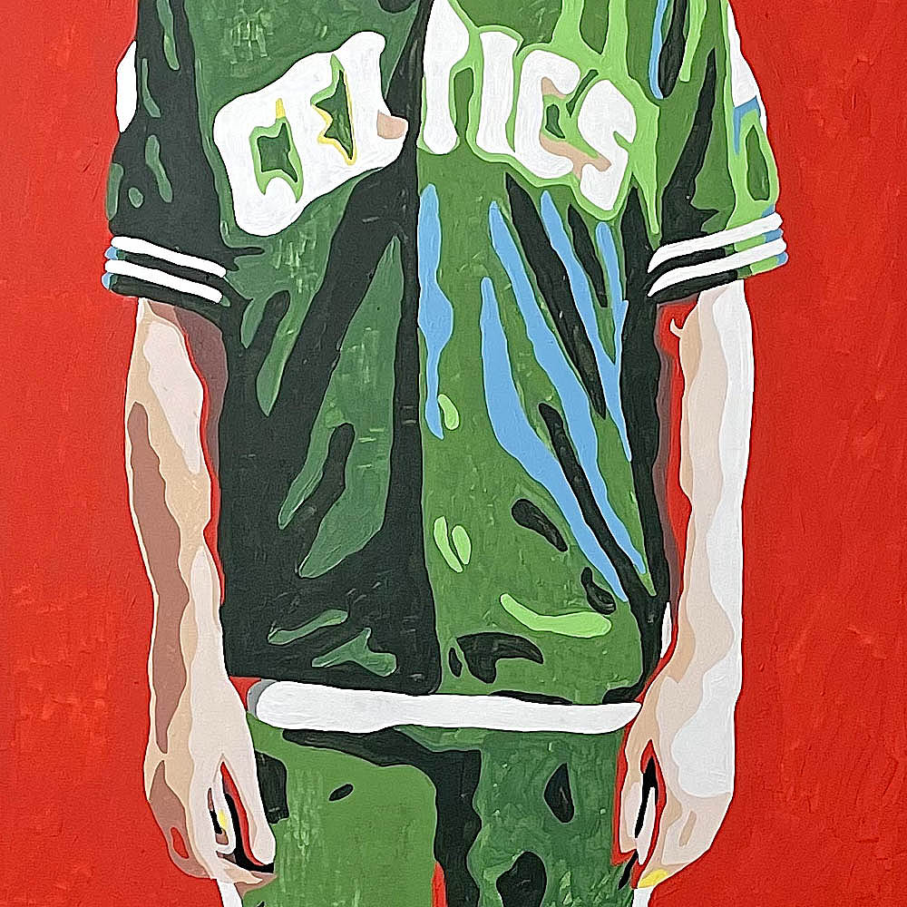 Detail of Larry Bird life-size portrait painting by King Overman, acrylic on canvas, 6ft 9" tall