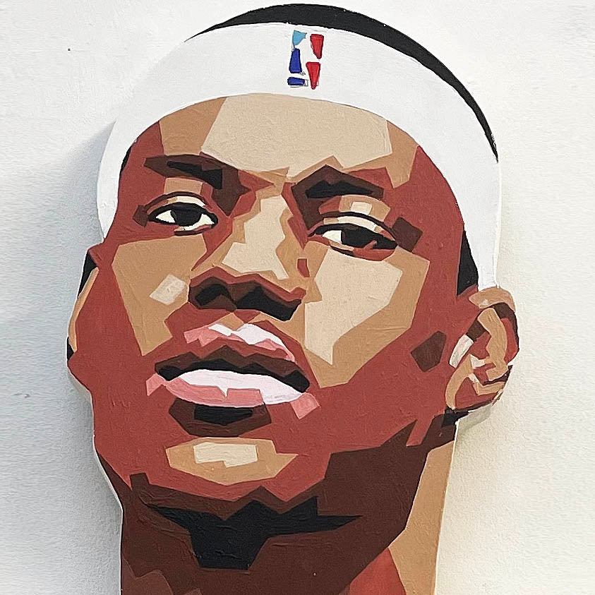 LeBron James life-size cut-out portrait painting by King Overman, acrylic and 24k gold leaf on board