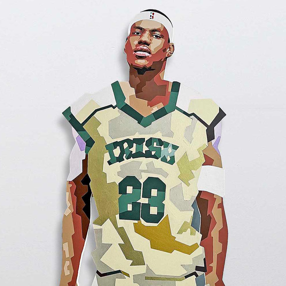 LeBron James life-size cut-out portrait painting by King Overman, acrylic and 24k gold leaf on board